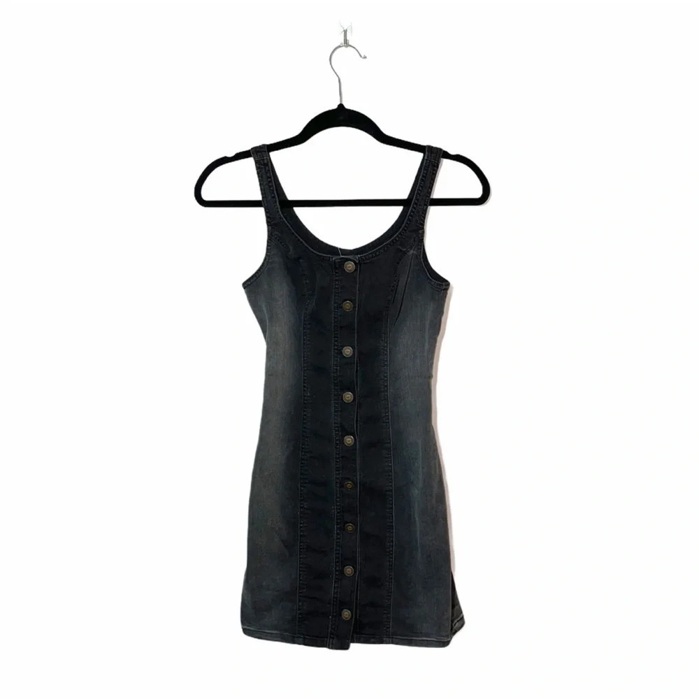 Hollister Charcoal Black Denim Overall Dress Button Front Mini Xsmall Women’s